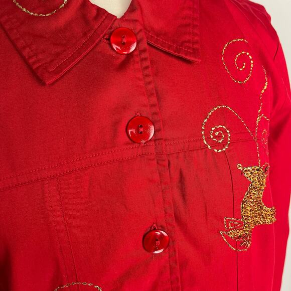 QUAKER FACTORY | Red Christmas Gold Sequin Embroidered Reindeer Jacket | Women's - Picture 11 of 11